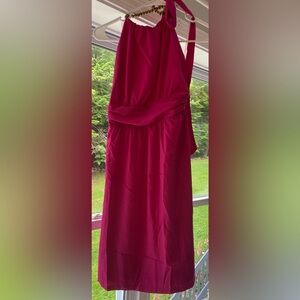 Southern Frock size Small hot pink halter dress with wooden gold bead tie. NWT